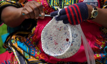 Local refugee women crochet plastic bags into craft items and earn income while saving environment