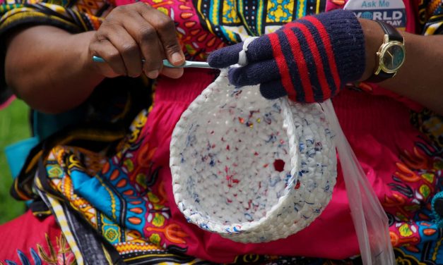 Local refugee women crochet plastic bags into craft items and earn income while saving environment
