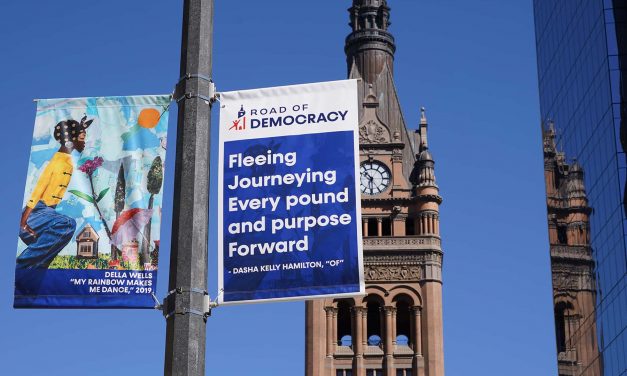 Inspirational banners feature work by Milwaukee artists to celebrate our nation’s “Road of Democracy”