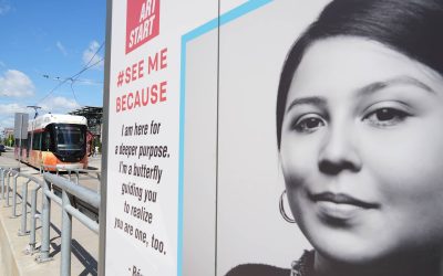 See Me Because: Transit art campaign about why young voices matter installed along The Hop Streetcar route
