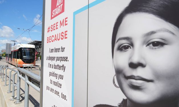 See Me Because: Transit art campaign about why young voices matter installed along The Hop Streetcar route