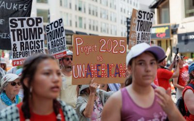 Conservative group hosts policy event outside RNC to defend its authoritarian Project 2025 guidebook