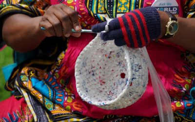 Local refugee women crochet plastic bags into craft items and earn income while saving environment